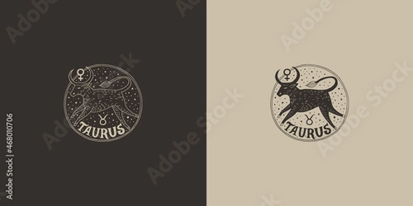 Fototapeta Outline zodiac sign Taurus. Astrological symbol. Horoscope. Set of two variants of logos on a dark and light background