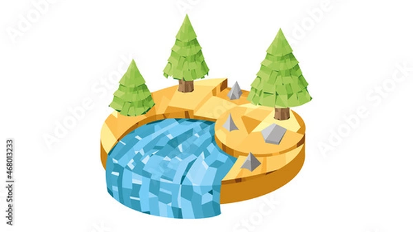 Fototapeta Isometric island with tree and bushes. Flying island. Island in low-poly style.