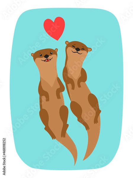 Obraz Vector card with cartoon otter couple for Valentines Day.