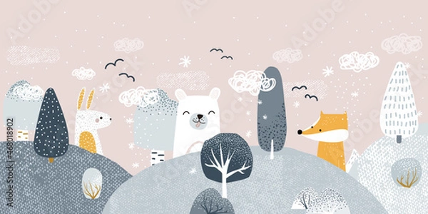Fototapeta Cute pastel winter forest landscape with animals. Childish trendy print. Vector hand drawn illustration.