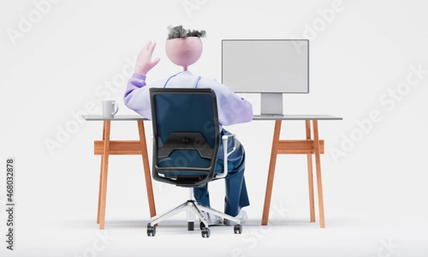 Fototapeta Awesome Travor greets with a hand on camera by computer. Online communication concept. Highly detailed fashionable stylish abstract character isolated on white background. Right view. 3d rendering.