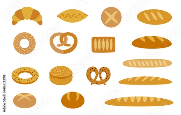 Fototapeta Set of bakery products and bagels on a white background. Icons.
