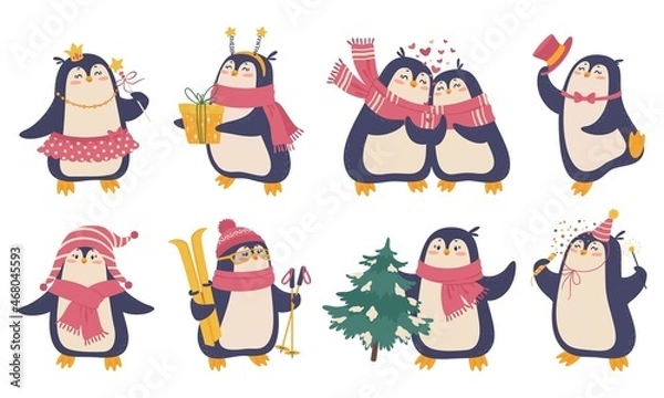Fototapeta Cute penguins in winter clothes. Vector set of baby animal characters. New year cartoon illustration.