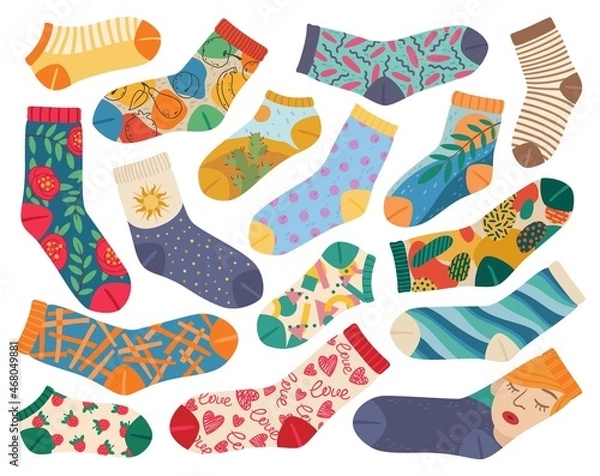 Fototapeta Socks. Cute fashionable socks with various cute trendy designs and patterns. Stylish cotton sock, fashion clothes accessories vector set. Colorful collection with plants, rockets, animals