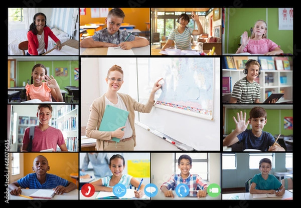 Fototapeta Video call interface with caucasian female teacher and schoolchildren on screen