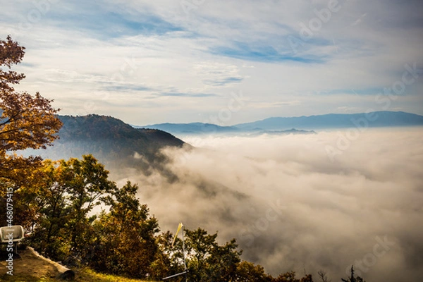 Fototapeta 紅葉の山々を覆う雲海。山形県南陽市
