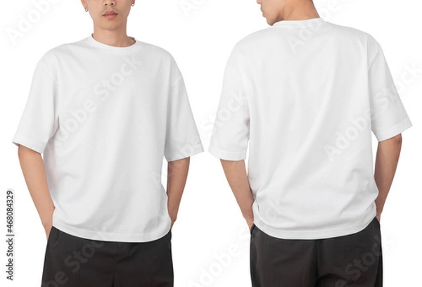 Fototapeta Young man in blank oversize t-shirt mockup front and back used as design template, isolated on white background with clipping path.