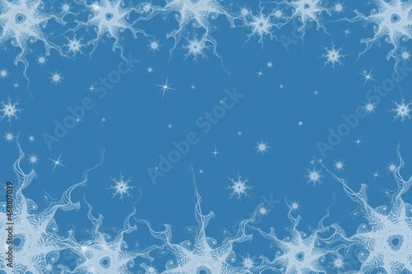 Fototapeta Fractal white snowflakes and lens flares. Abstract illustration on a blue background. Use for posters, cards, backgrounds, covers, web