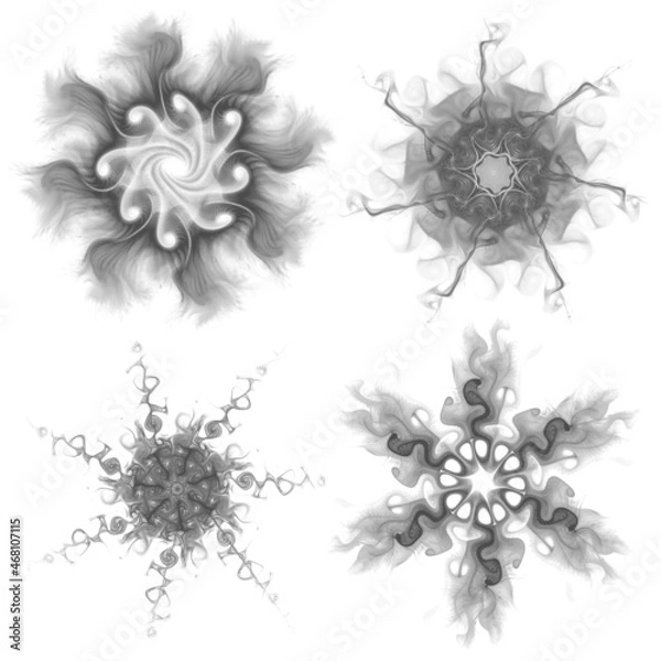 Fototapeta Set of four black snowflakes on a white background. Abstract computer generated fractal image of a snowflake. Illustration, isolate.