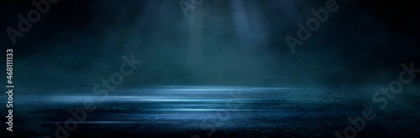 Fototapeta Dark street, wet asphalt, reflections of rays in the water. Abstract dark blue background, smoke, smog. Empty dark scene, neon light, spotlights. Concrete floor