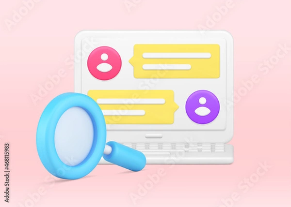 Fototapeta Chatting dialogue message web cyberspace at laptop display magnifying glass 3d icon illustration