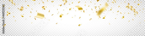 Fototapeta Falling shiny gold confetti. Confetti frame on long background. Anniversary celebration banner. Bright golden festive tinsel. Birthday party backdrop. Holiday design elements. Vector illustration