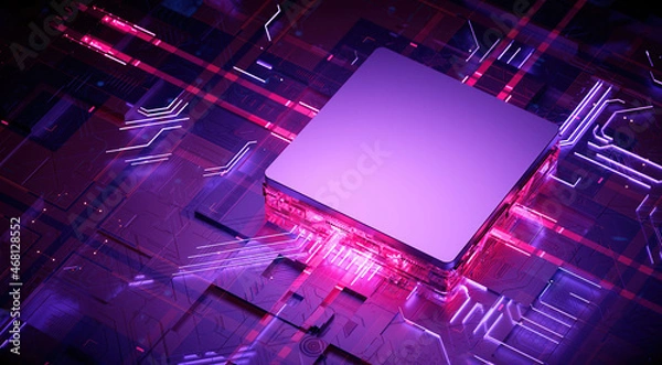 Fototapeta 3D rendering of cyberpunk AI. Circuit board. Technology background. Central Computer Processors CPU and GPU concept. Motherboard digital chip. Tech science background.