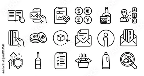 Obraz Messenger mail, Savings and Opinion line icons set. Secure shield and Money currency exchange. Shampoo, Wine and Packing boxes icons. Whiskey glass, Payment card and Return package signs. Vector