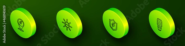 Fototapeta Set Isometric line Location with leaf, Solar energy panel, Shield and LED light bulb icon. Vector