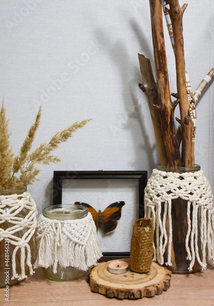 Fototapeta macrame jars in the interior ecodecor