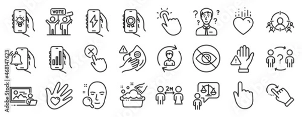 Fototapeta Set of People icons, such as Charging app, Award app, Hand click icons. Not looking, Heart, Business targeting signs. Photo studio, Hand washing, Human resources. Touchpoint, Reject click. Vector