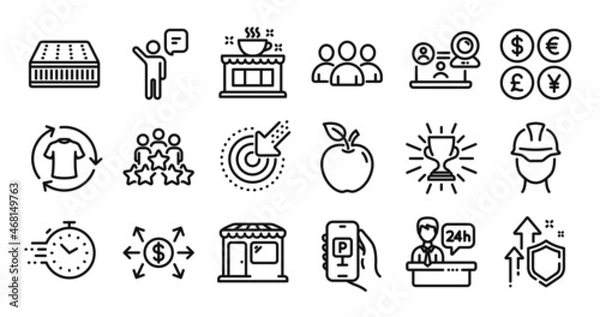 Fototapeta Business meeting, Mattress and Dollar exchange line icons set. Secure shield and Money currency exchange. Video conference, Apple and Coffee shop icons. Parking app, Group and Agent signs. Vector