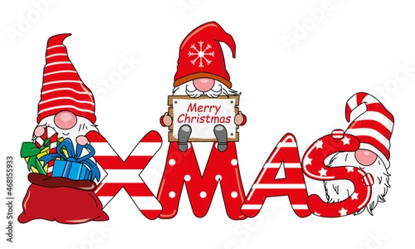 Obraz Christmas card. Cute gnomes with gift and the word xmas	
