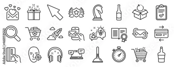 Fototapeta Set of line icons, such as Idea, Special offer, Timer icons. Beer, Credit card, Messenger mail signs. Refresh mail, Remove purchase, Internet chat. Marketing strategy, Scotch bottle. Vector