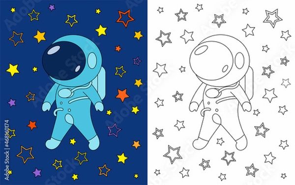 Fototapeta Coloring astronaut in space, coloring book for preschool kids with easy educational game level.Simple linear design.