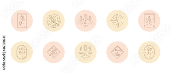 Obraz Set of icons and emblems for social media stories highlight covers in linear style vector illustration.