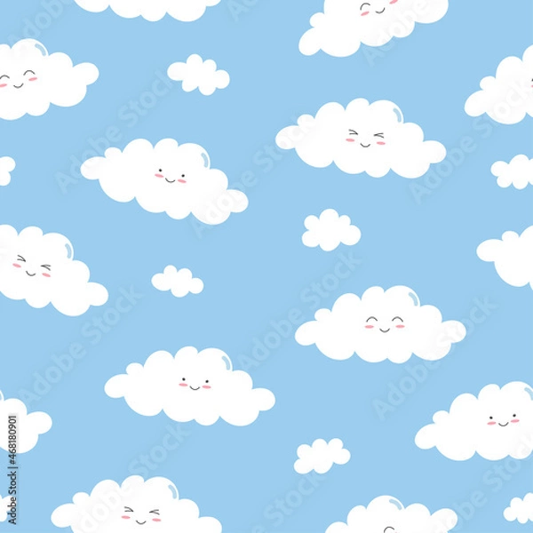 Fototapeta Seamless pattern of white smiling clouds on blue background. Cartoon character in flat style. Vector illustration