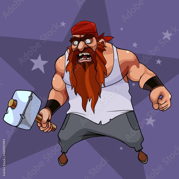 Fototapeta cartoon angry bearded male pirate with sledgehammer in hand