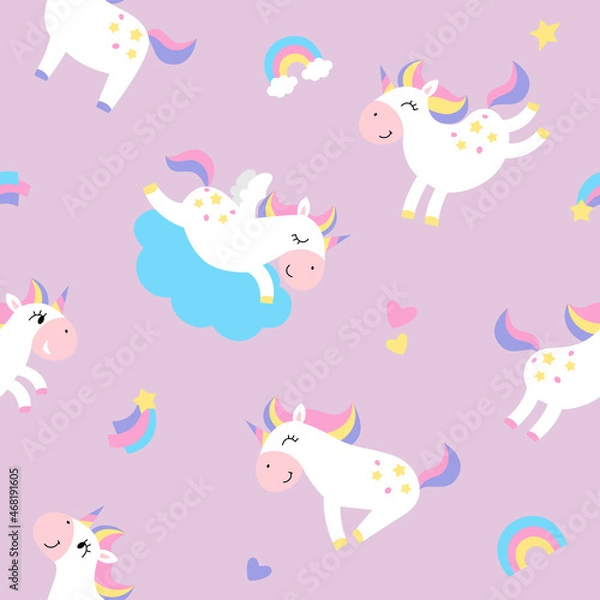 Fototapeta Vector seamless pattern of cute unicorns. Stars, rainbow, cloud. Drawing for textiles, backgrounds and more