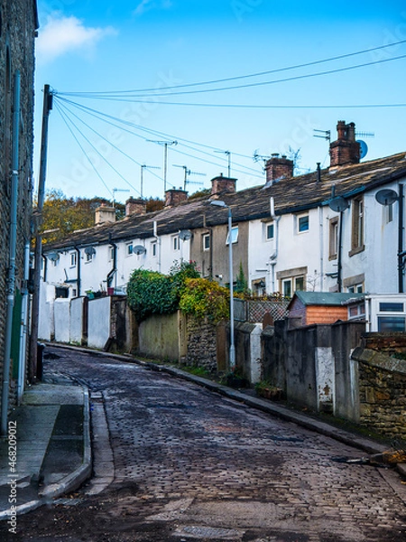 Obraz Typical Back street behind houses , each house had a yard and a wall behind. Notice the cobbled road which was a feature of Padiham in Lancashire which has been retained in the Conservation area