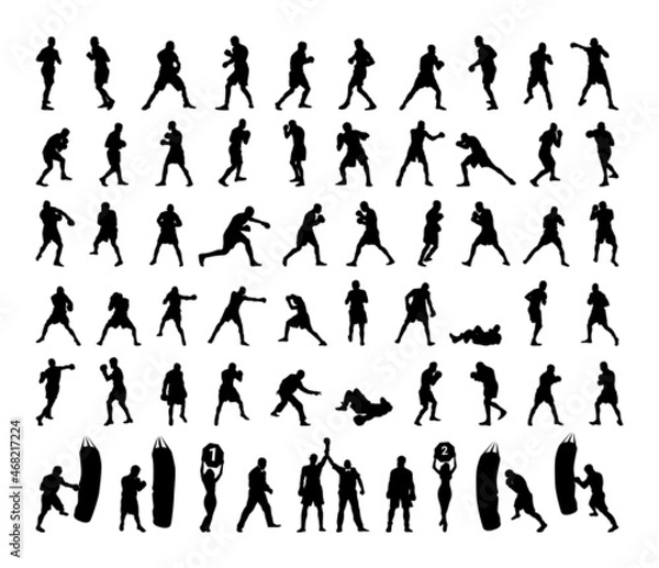 Obraz Collection of black silhouettes of boxers isolated on white background.