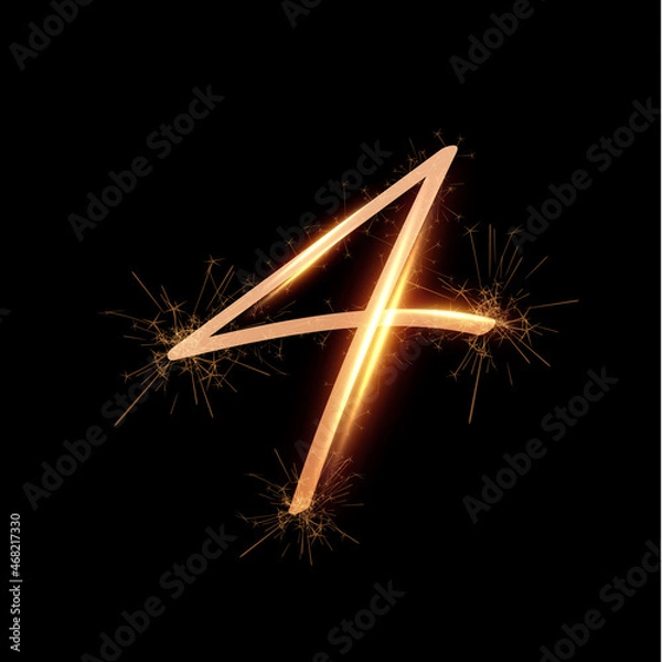 Fototapeta Golden fireworks shiny festive vector number 4 on black background