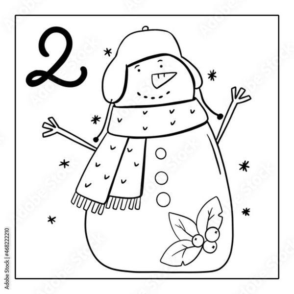 Obraz Christmas advent calendar, coloring page. 2 december illustration.