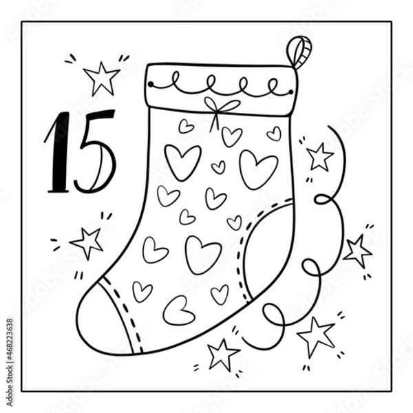 Fototapeta Christmas advent calendar, coloring page. 15 december illustration.