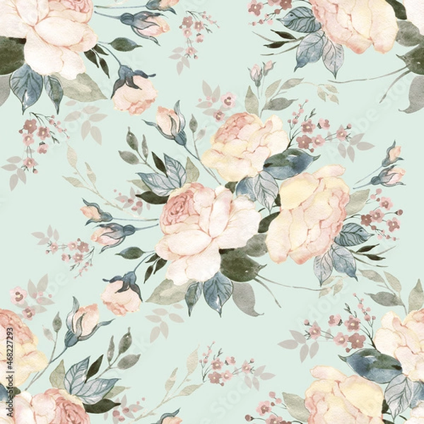 Fototapeta Floral abstract seamless pattern drawn delicate bouquets of roses with herbs. Beautiful print for decoration of textiles and design. Flower background. Art drawing for surface. Tenderness decor.
