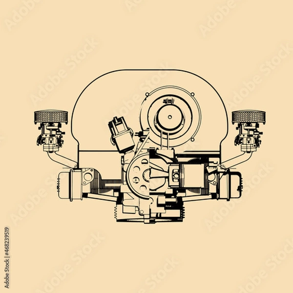 Fototapeta Sectional Drawing of an Aircooled Boxer Engine. Outline Style. Engineering Background. Vector Illustration.