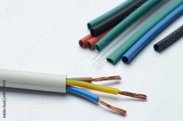 Fototapeta heat shrink tubing and a three-core stripped wire on a white background.