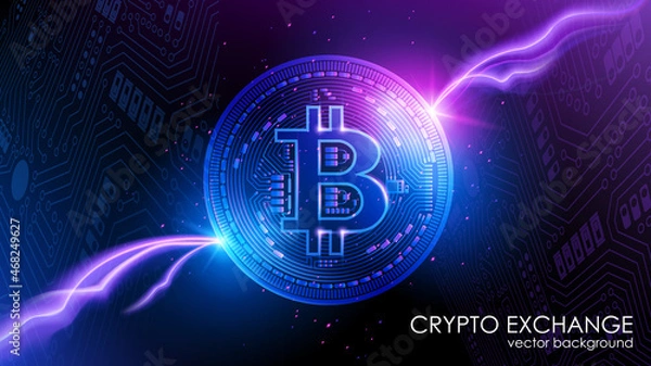 Fototapeta Neon bitcoin on a dark blue background. Abstract vector image. Flash of electric lightning against the background of computer microchips. Digital electronic currency. Cryptocurrency. Online banking.