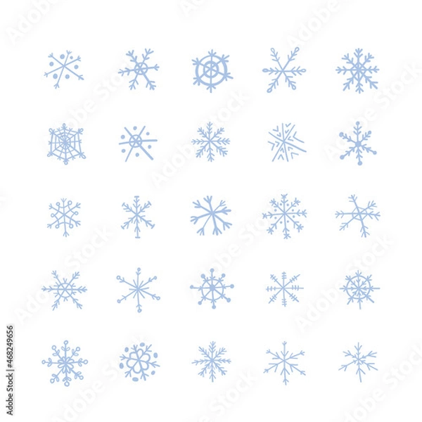 Fototapeta A set of blue snowflakes. Drawing in a doodle. Vector Illustration by hand.