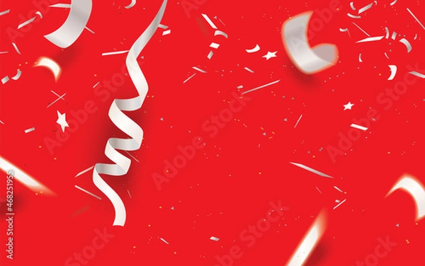 Fototapeta Realistic falling defocused silver and white confetti isolated on red background,vector illustration for holiday greeting