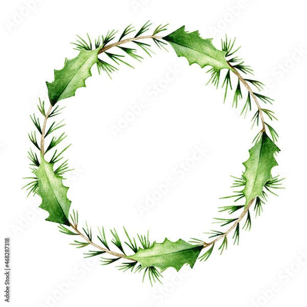 Fototapeta Simple Christmas wreath of fir-tree branches and holly leaves isolated on a white background. New year holidays, christmas, new year