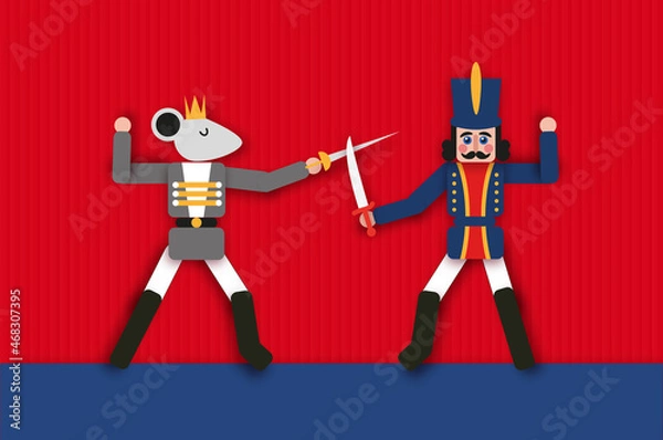 Fototapeta Nutcracker and Mouse King. Merry Christmas party. Happy New Year figurine. December ballet party. Vintage toys paper craft style.