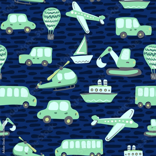 Obraz Cute kids vector seamless pattern with hand drawn airplanes, helicopters, cars, buses, ships. Various transport for printing on textiles and paper. Illustration for boys about travel and movement