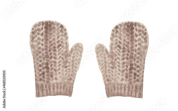 Fototapeta Violet knitted mittens, hand-drawn watercolor illustration isolated on a white background. Clothing and accessories for a winter walk.