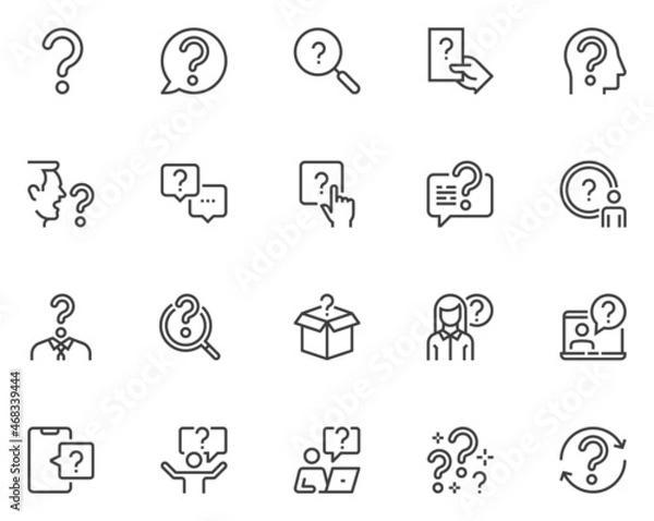 Fototapeta Set of Vector Line Icons Related to Question. Question Mark, Surprised Man, Dialog, Search for Answers. Editable Stroke. 48x48 Pixel Perfect.