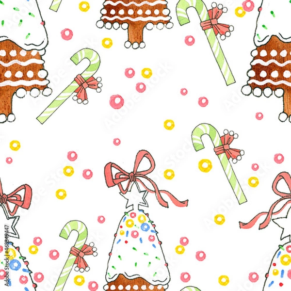 Obraz Seamless pattern with Christmas gingerbread and sweets