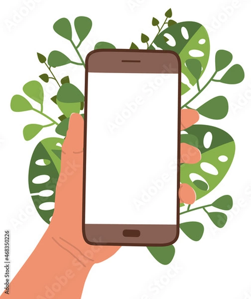 Obraz Hand holds mobile phone on background of green leaves. Smartphone with blank screen. Poster, banner, advertisement. Template design with place for text. Vector illustration. Showing empty phone