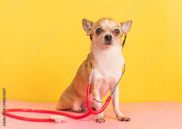 Obraz Small chihuahua dog with medical stethoscope wearing glasses on yellow background