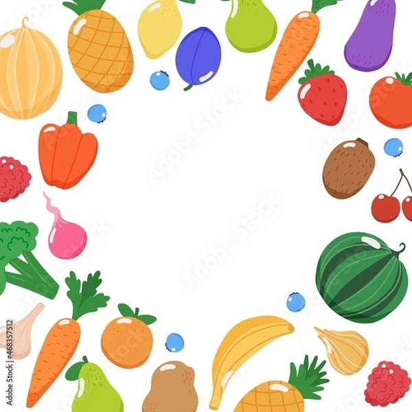 Fototapeta Fruits and vegetables frame with copy space, illustration in flat style