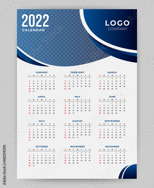 Fototapeta 2022 business style modern new year calendar design template. abstract blue wive shapes. in A3 size. Vector EPS 10